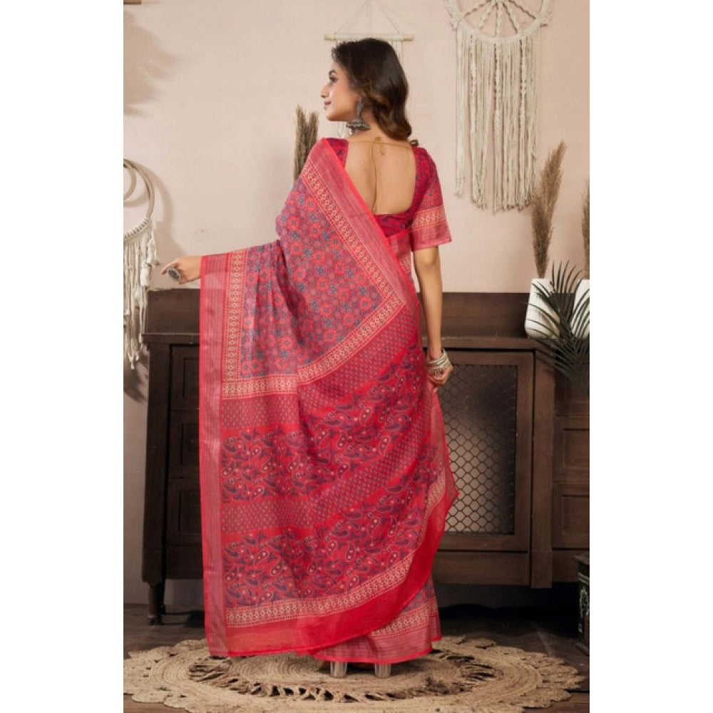 Seduva Women's Faux Linen Geometric Print Ready to wear Saree With Unstitched Blouse 5.5Mtr (Red)