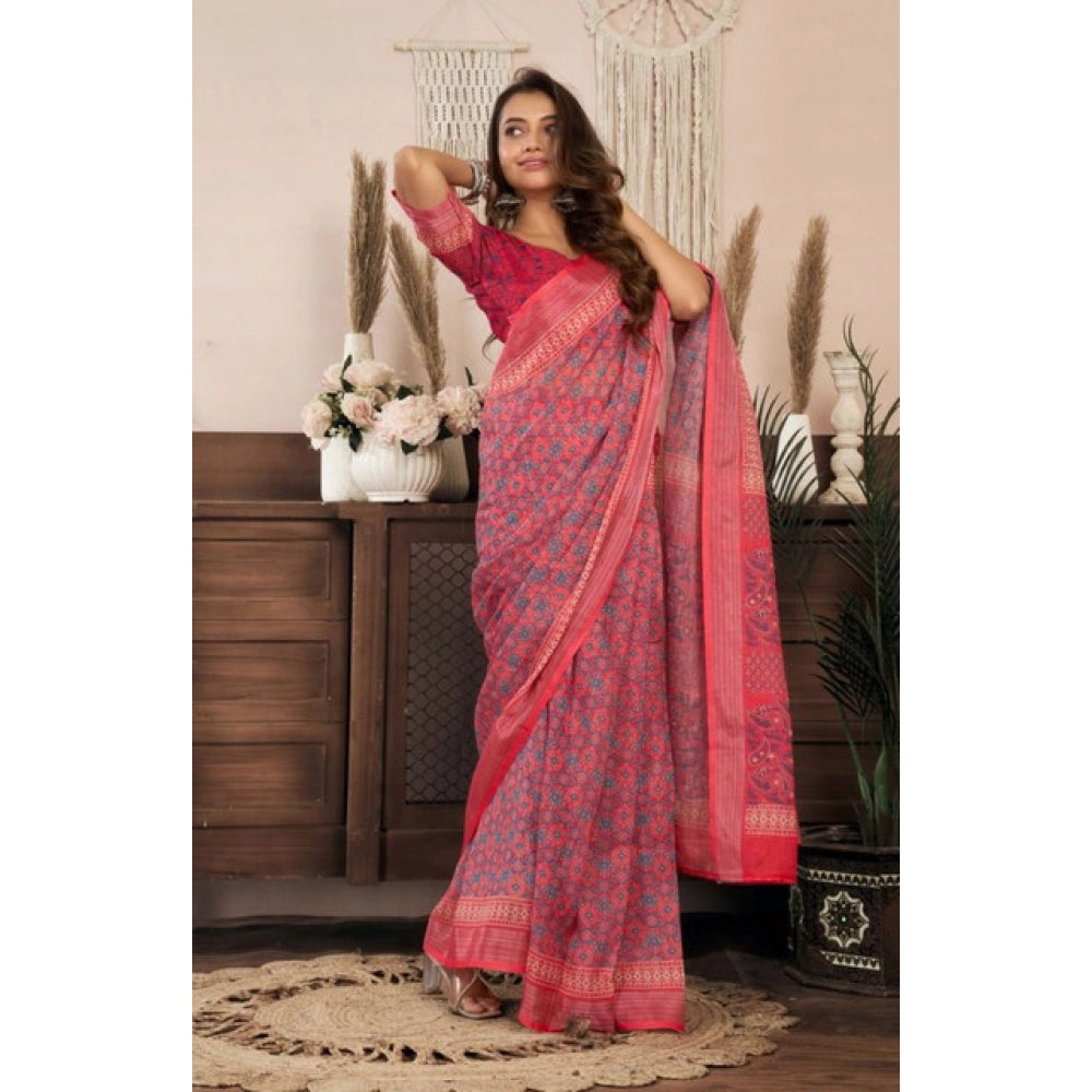 Seduva Women's Faux Linen Geometric Print Ready to wear Saree With Unstitched Blouse 5.5Mtr (Red)