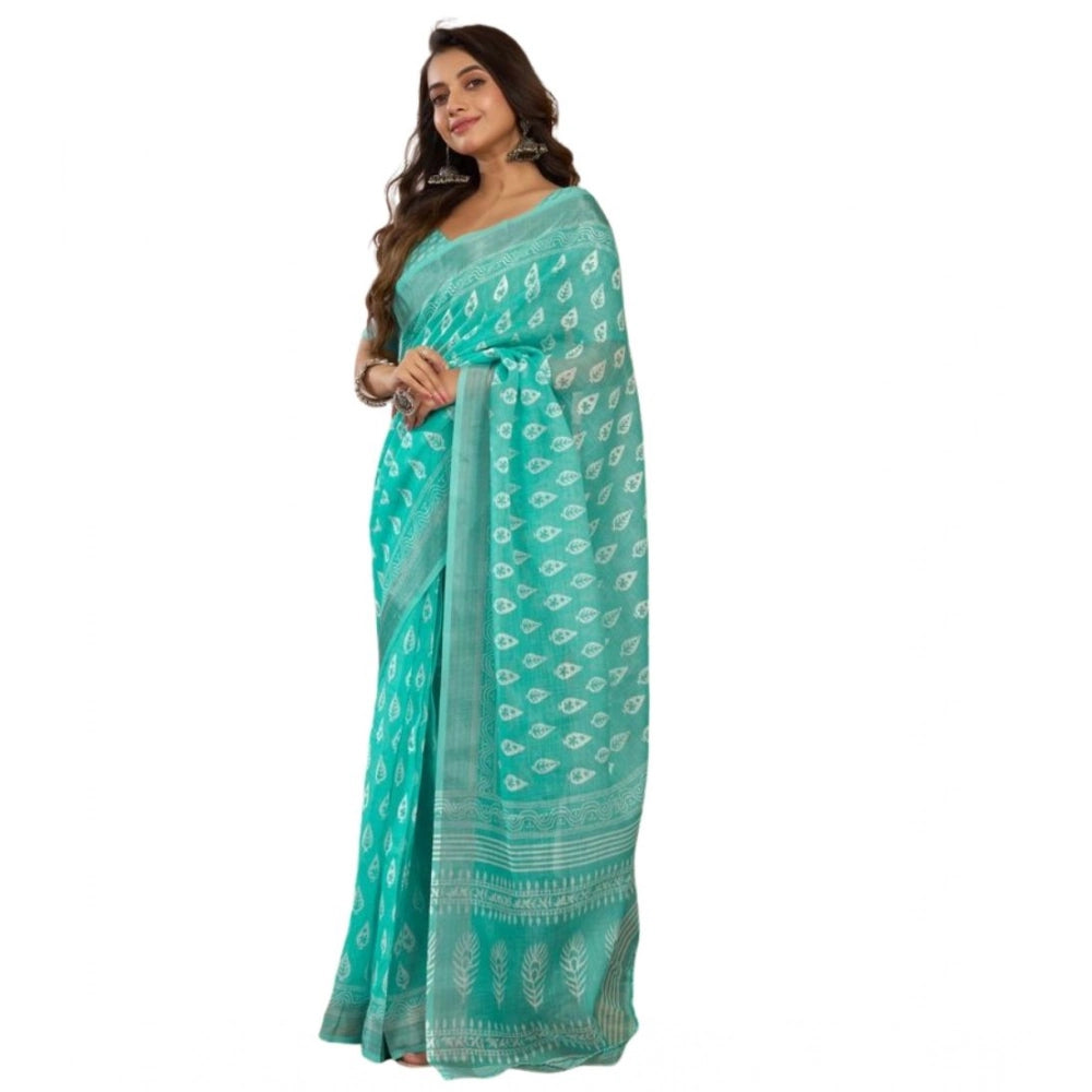 Seduva Women's Faux Linen Leaf Print Ready to wear Saree With Unstitched Blouse 5.5Mtr (SeaGreen)