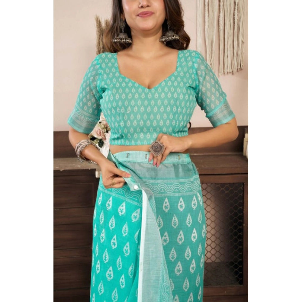 Seduva Women's Faux Linen Leaf Print Ready to wear Saree With Unstitched Blouse 5.5Mtr (SeaGreen)