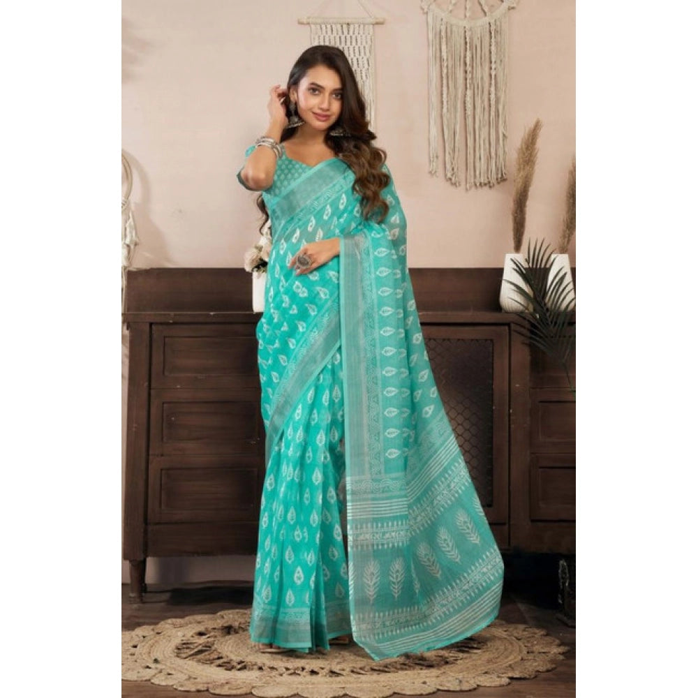 Seduva Women's Faux Linen Leaf Print Ready to wear Saree With Unstitched Blouse 5.5Mtr (SeaGreen)