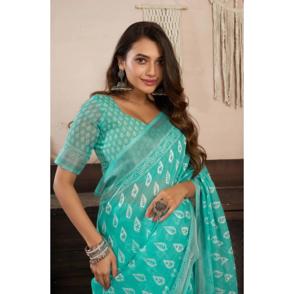 Seduva Women's Faux Linen Leaf Print Ready to wear Saree With Unstitched Blouse 5.5Mtr (SeaGreen)