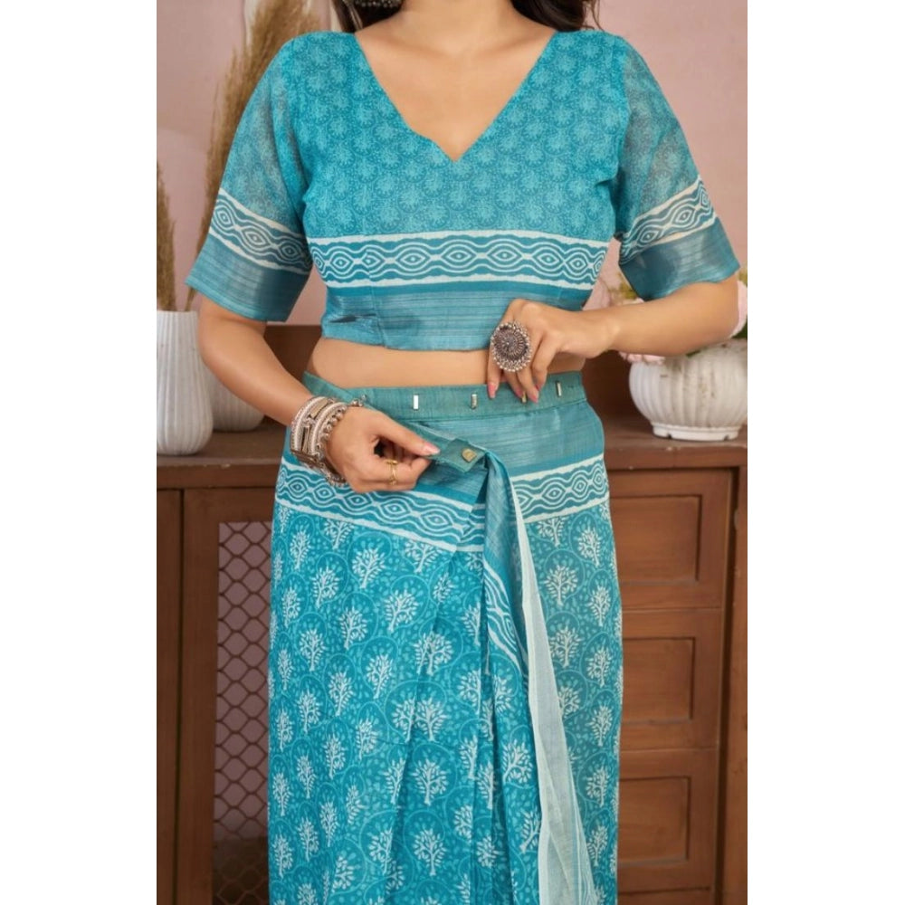 Seduva Women's Faux Linen Floral Print Ready to wear Saree With Unstitched Blouse 5.5Mtr (AquaBlue)