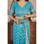 Seduva Women's Faux Linen Floral Print Ready to wear Saree With Unstitched Blouse 5.5Mtr (AquaBlue)