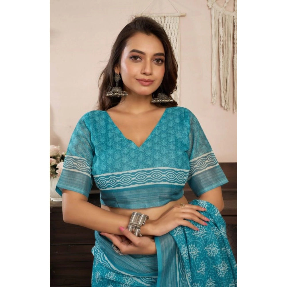 Seduva Women's Faux Linen Floral Print Ready to wear Saree With Unstitched Blouse 5.5Mtr (AquaBlue)