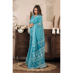 Seduva Women's Faux Linen Floral Print Ready to wear Saree With Unstitched Blouse 5.5Mtr (AquaBlue)