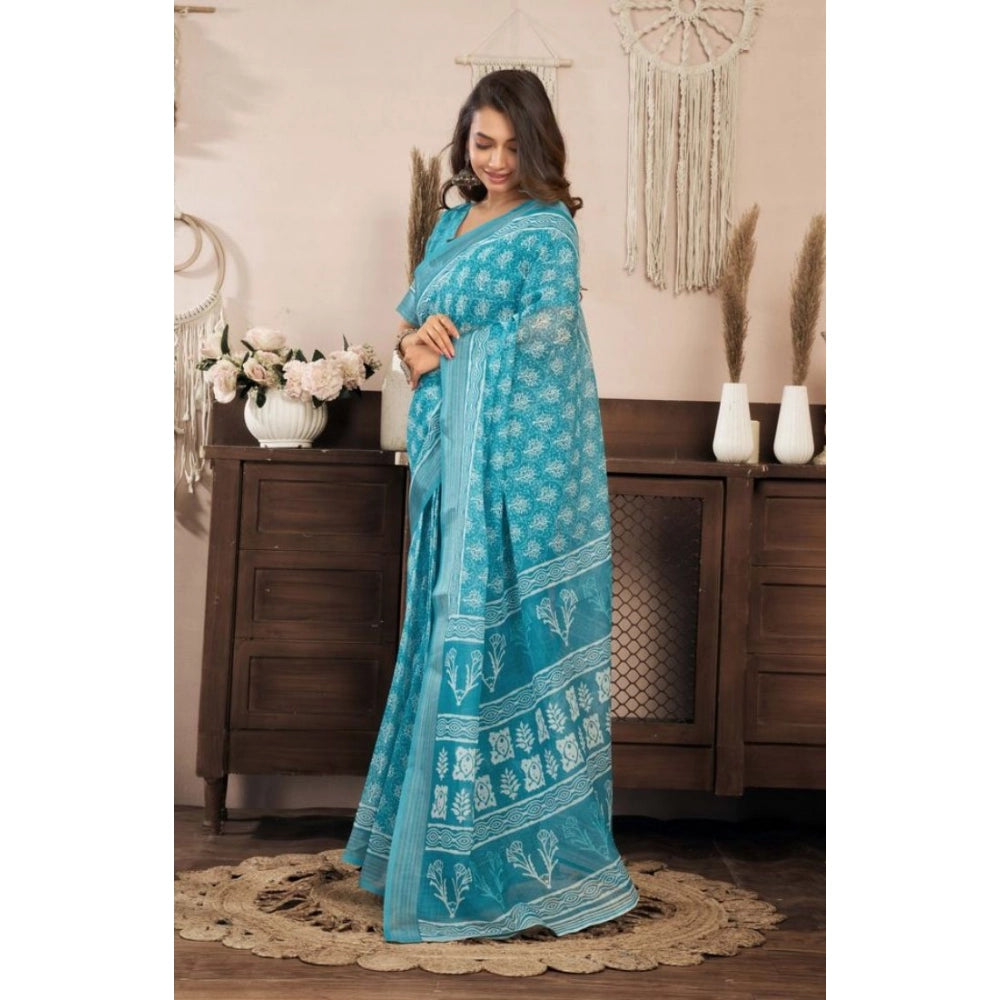 Seduva Women's Faux Linen Floral Print Ready to wear Saree With Unstitched Blouse 5.5Mtr (AquaBlue)