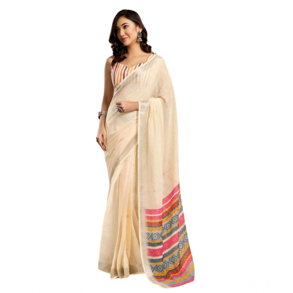 Seduva Women's Faux Linen Floral Print Ready to wear Saree With Unstitched Blouse 5.5Mtr (Cream)