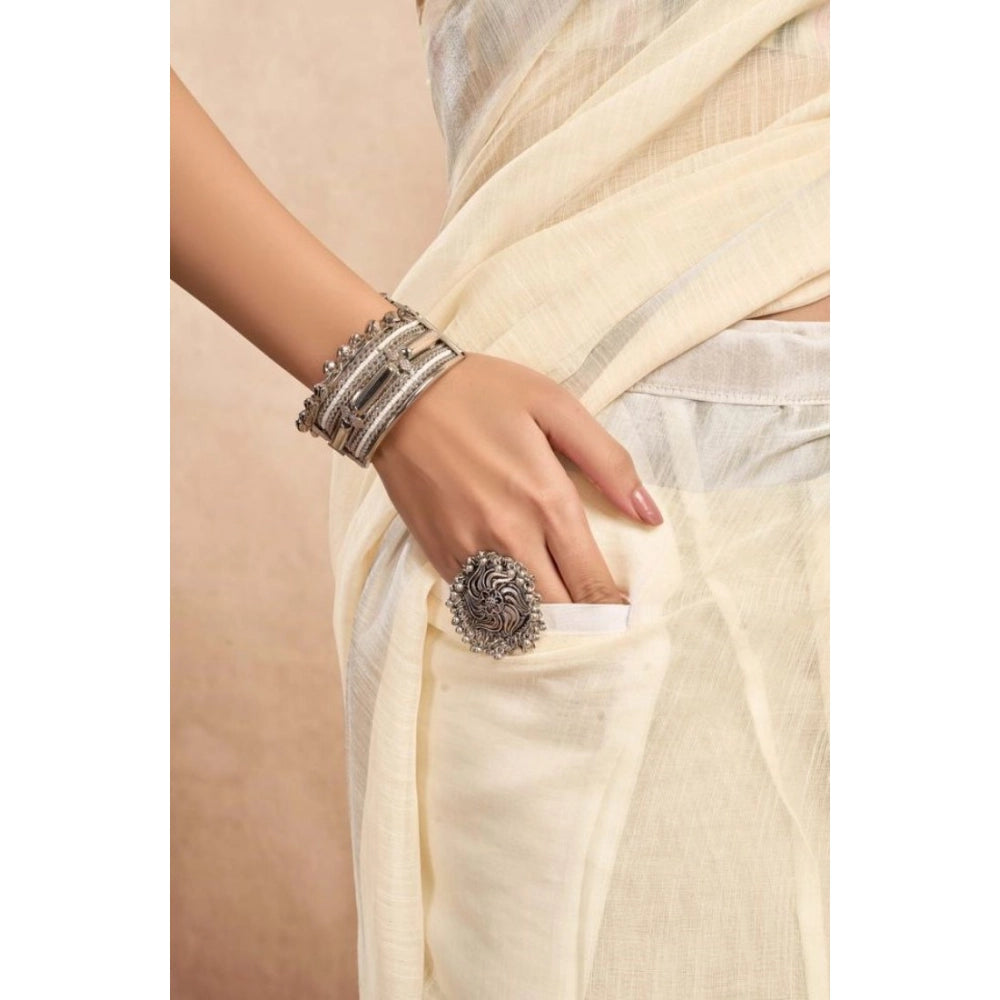Seduva Women's Faux Linen Floral Print Ready to wear Saree With Unstitched Blouse 5.5Mtr (Cream)