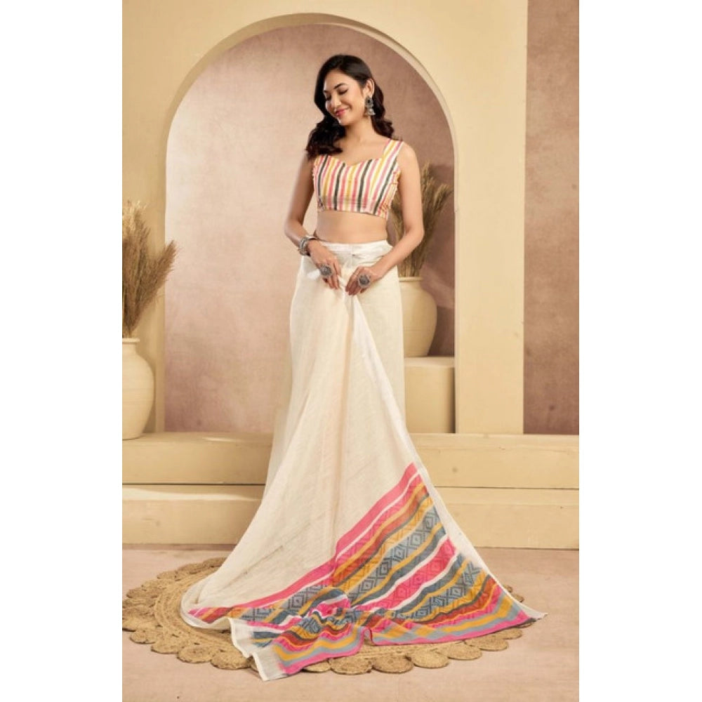Seduva Women's Faux Linen Floral Print Ready to wear Saree With Unstitched Blouse 5.5Mtr (Cream)