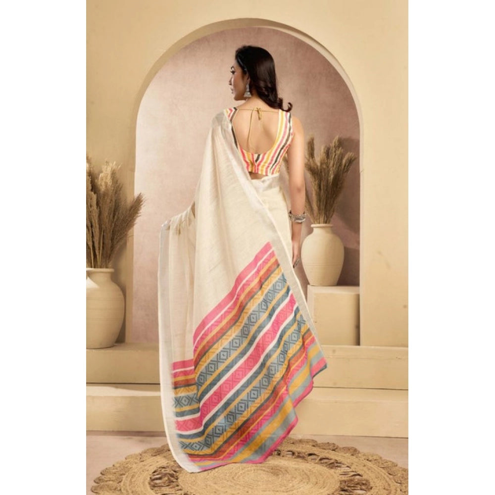 Seduva Women's Faux Linen Floral Print Ready to wear Saree With Unstitched Blouse 5.5Mtr (Cream)