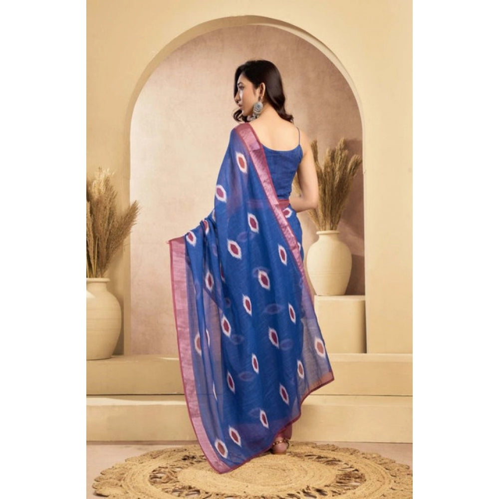 Seduva Women's Faux Linen Printed Ready to wear Saree With Unstitched Blouse 5.5Mtr (Blue)