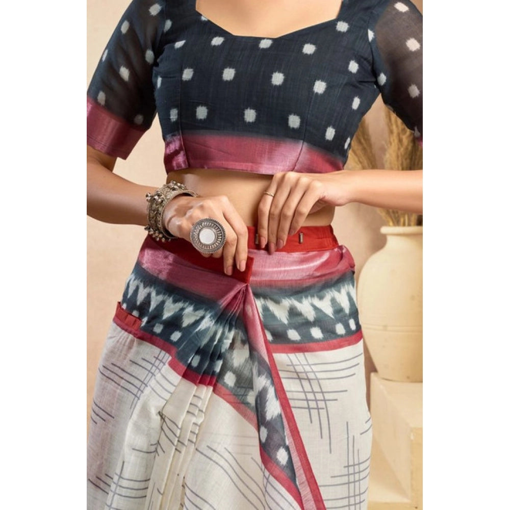 Seduva Women's Faux Linen Floral Print Ready to wear Saree With Unstitched Blouse 5.5Mtr (OffWhite)