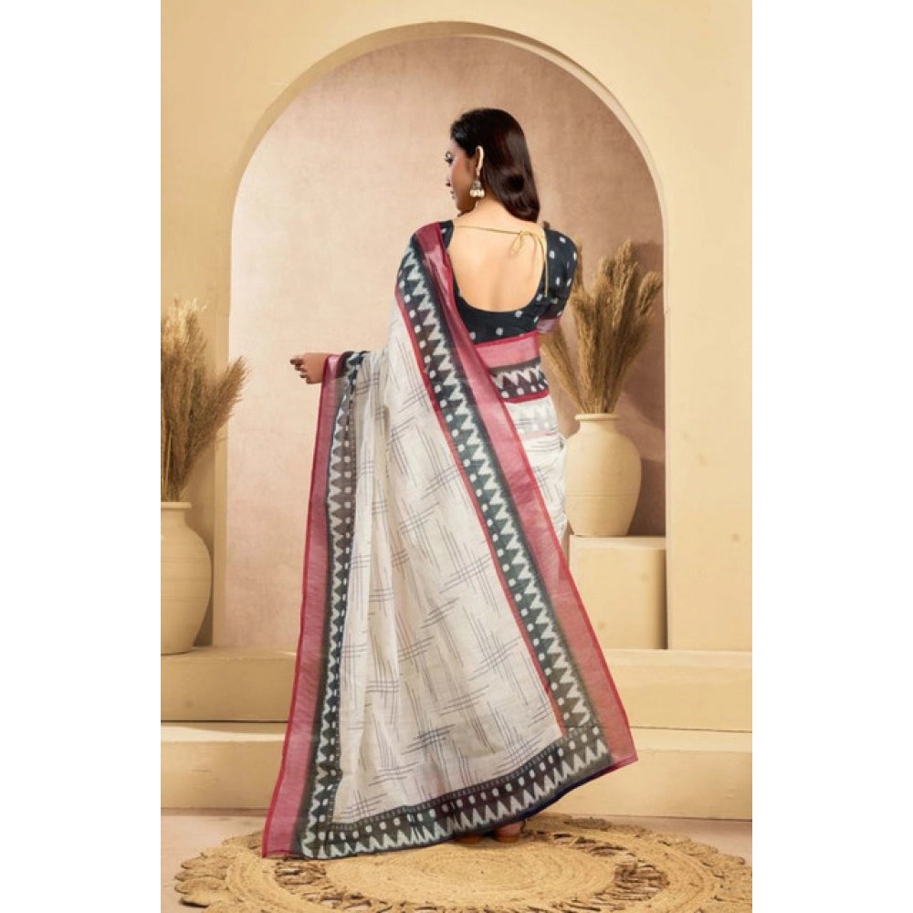 Seduva Women's Faux Linen Floral Print Ready to wear Saree With Unstitched Blouse 5.5Mtr (OffWhite)