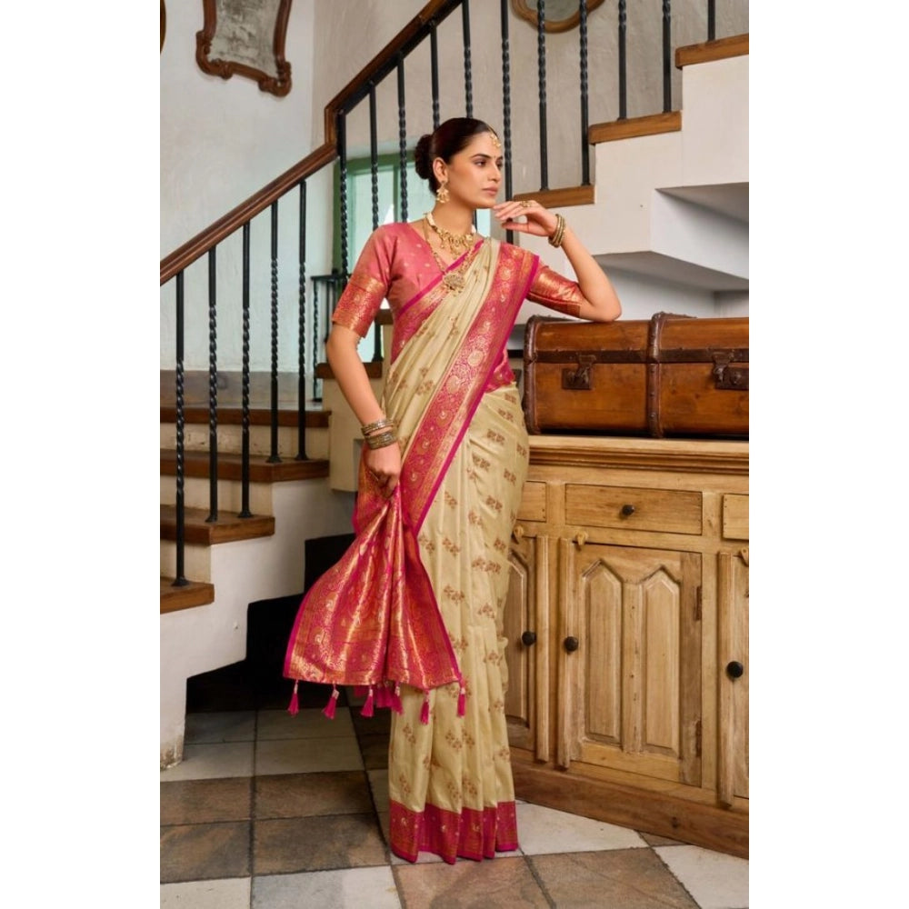 Seduva Women's Silk Blend Booti Work Ready to wear Saree With Unstitched Blouse 5.5Mtr (LightBeige)