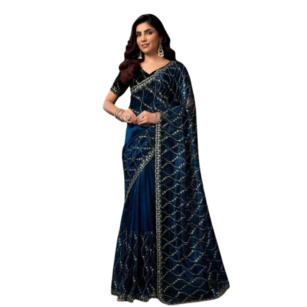 Seduva Women's Net Sequence Saree With Unstitched Blouse 5.5Mtr (Blue)
