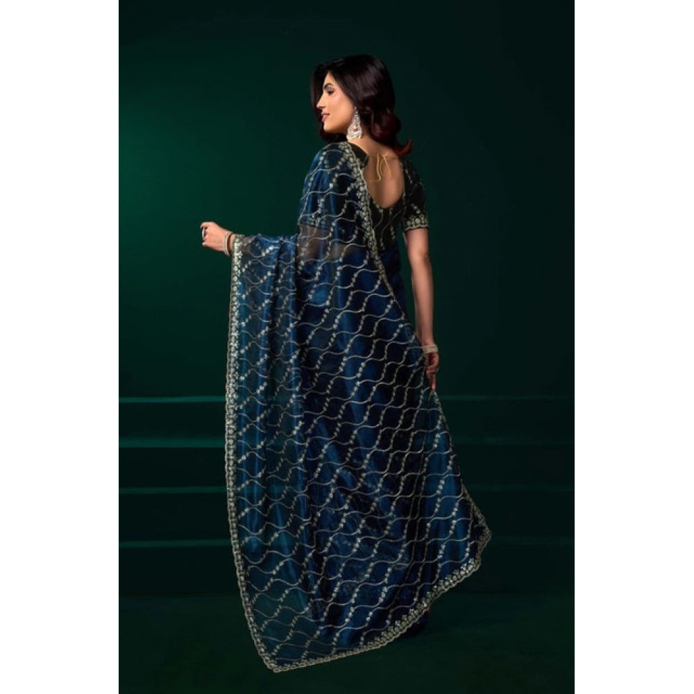 Seduva Women's Net Sequence Saree With Unstitched Blouse 5.5Mtr (Blue)