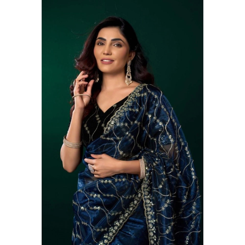 Seduva Women's Net Sequence Saree With Unstitched Blouse 5.5Mtr (Blue)