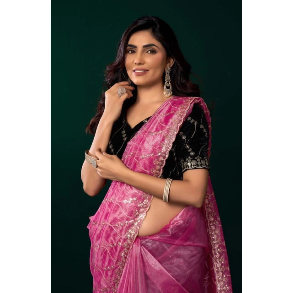 Seduva Women's Net Sequence Saree With Unstitched Blouse 5.5Mtr (Light Pink)