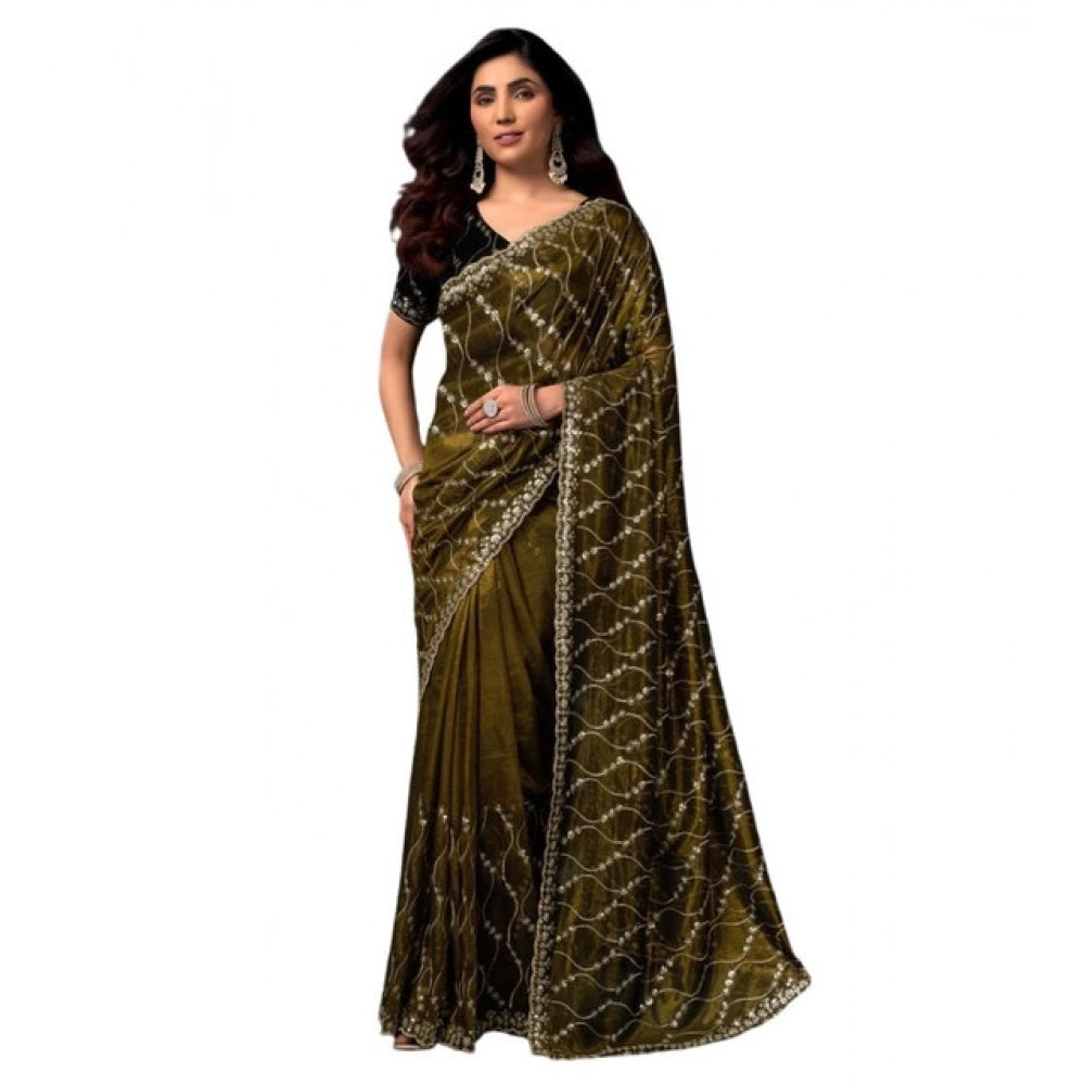 Seduva Women's Net Sequence Saree With Unstitched Blouse 5.5Mtr (Mahendi)