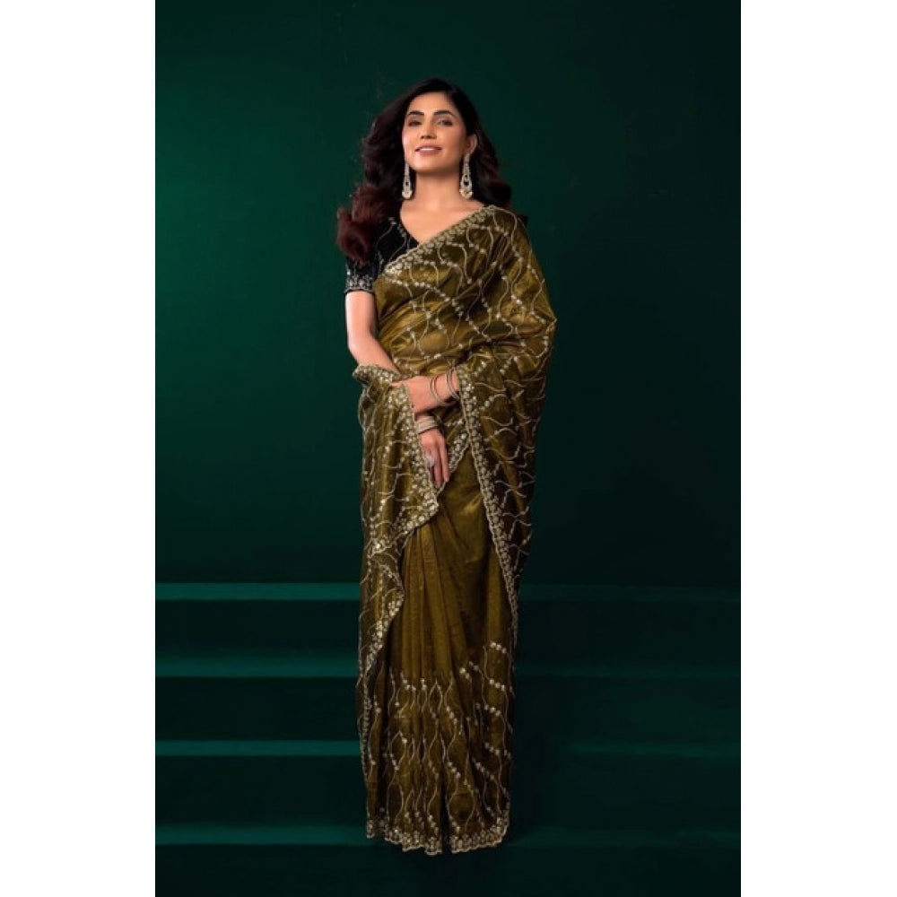 Seduva Women's Net Sequence Saree With Unstitched Blouse 5.5Mtr (Mahendi)