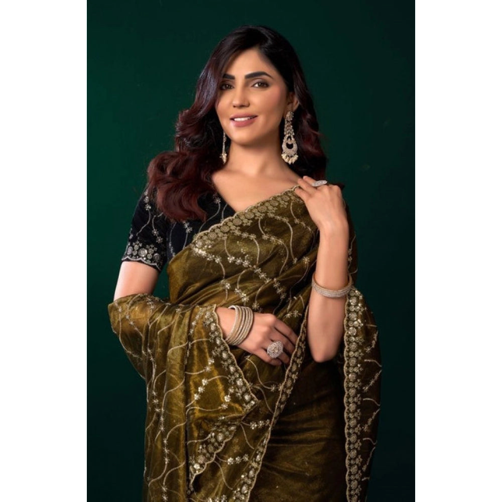 Seduva Women's Net Sequence Saree With Unstitched Blouse 5.5Mtr (Mahendi)
