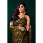 Seduva Women's Net Sequence Saree With Unstitched Blouse 5.5Mtr (Mahendi)