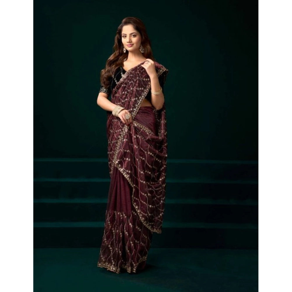 Seduva Women's Net Sequence Saree With Unstitched Blouse 5.5Mtr (Maroon)