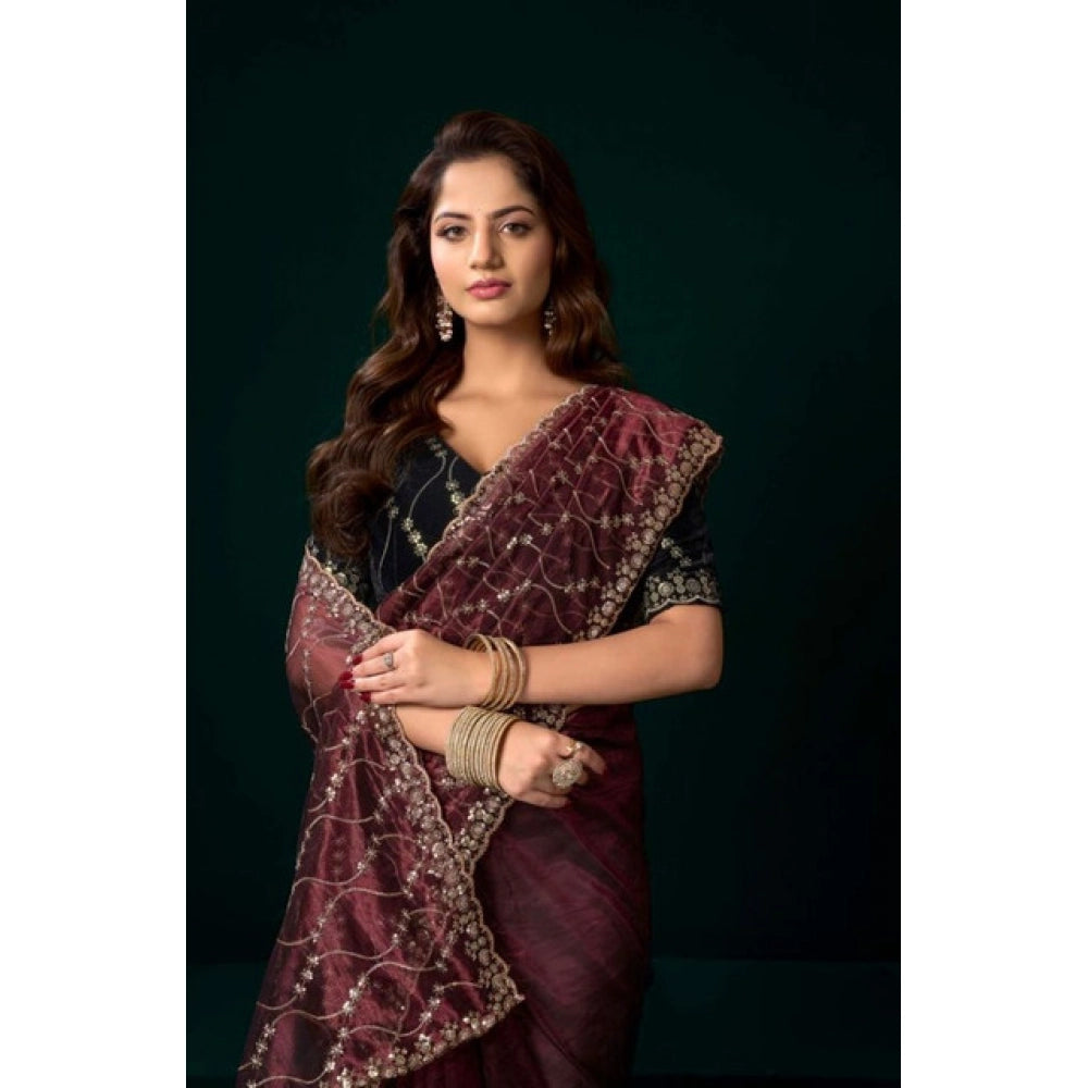 Seduva Women's Net Sequence Saree With Unstitched Blouse 5.5Mtr (Maroon)