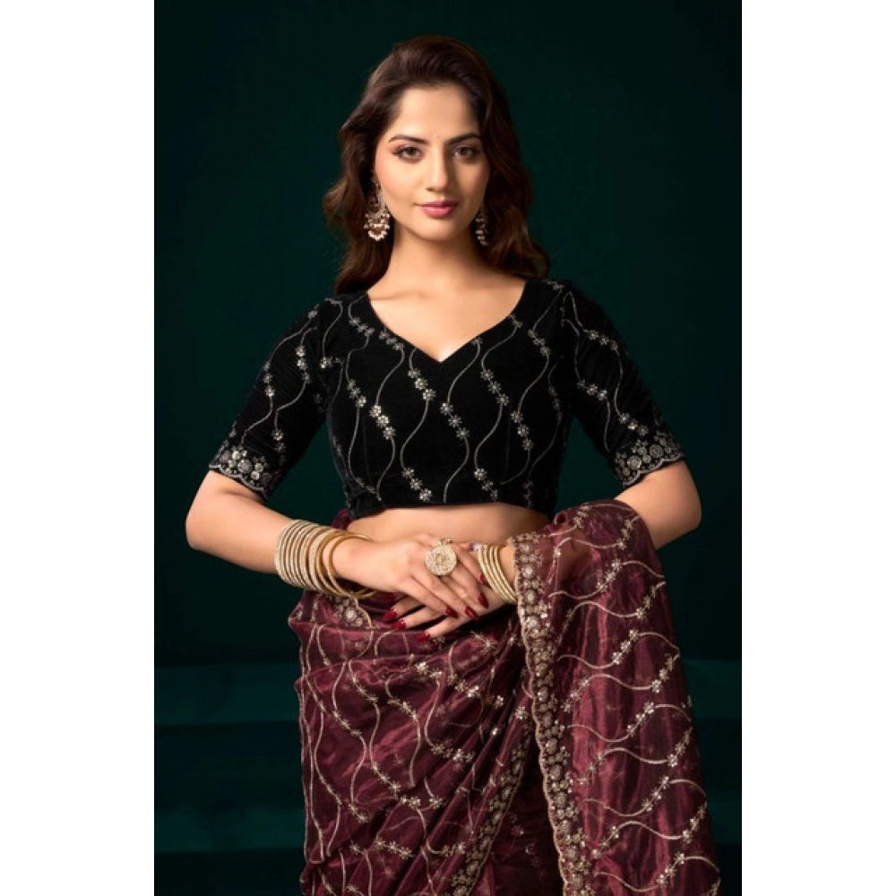 Seduva Women's Net Sequence Saree With Unstitched Blouse 5.5Mtr (Maroon)
