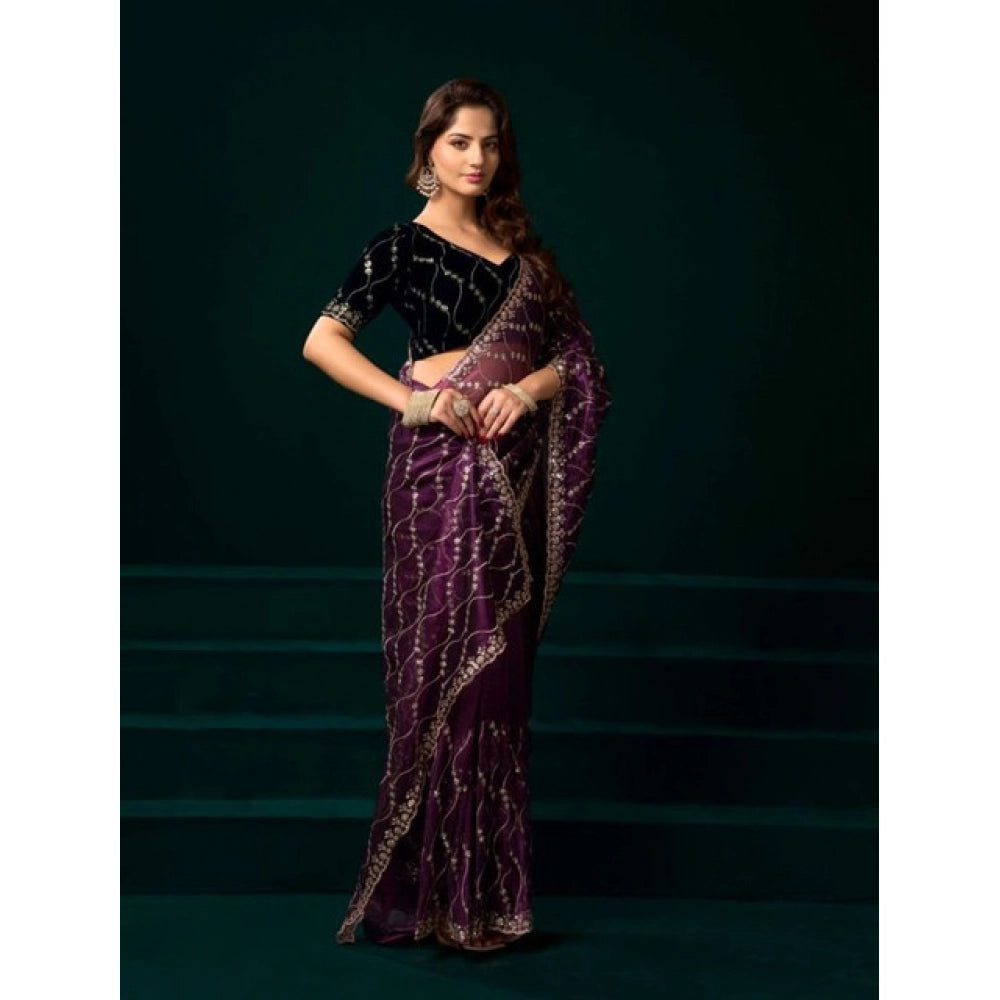 Seduva Women's Net Sequence Saree With Unstitched Blouse 5.5Mtr (Purple)