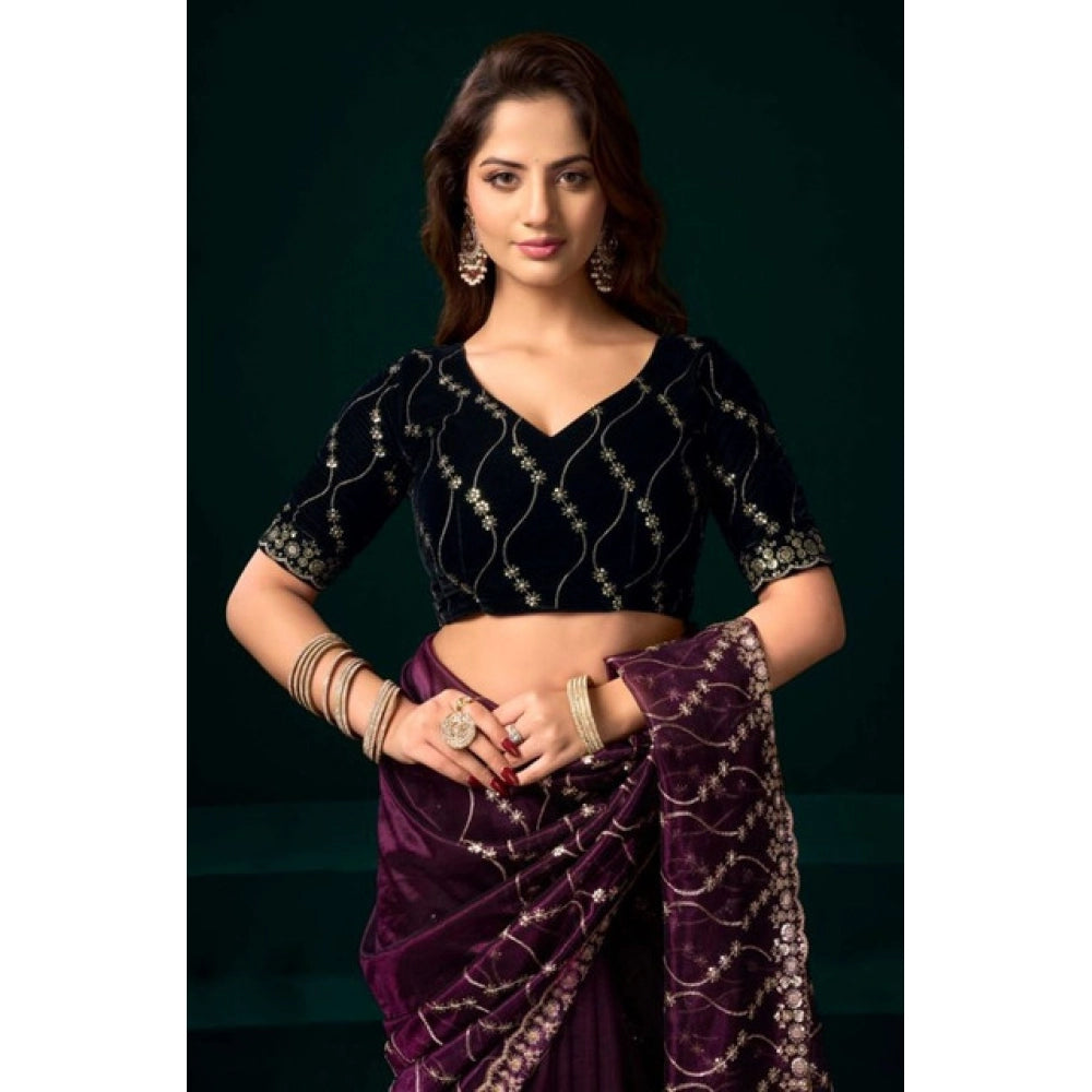 Seduva Women's Net Sequence Saree With Unstitched Blouse 5.5Mtr (Purple)