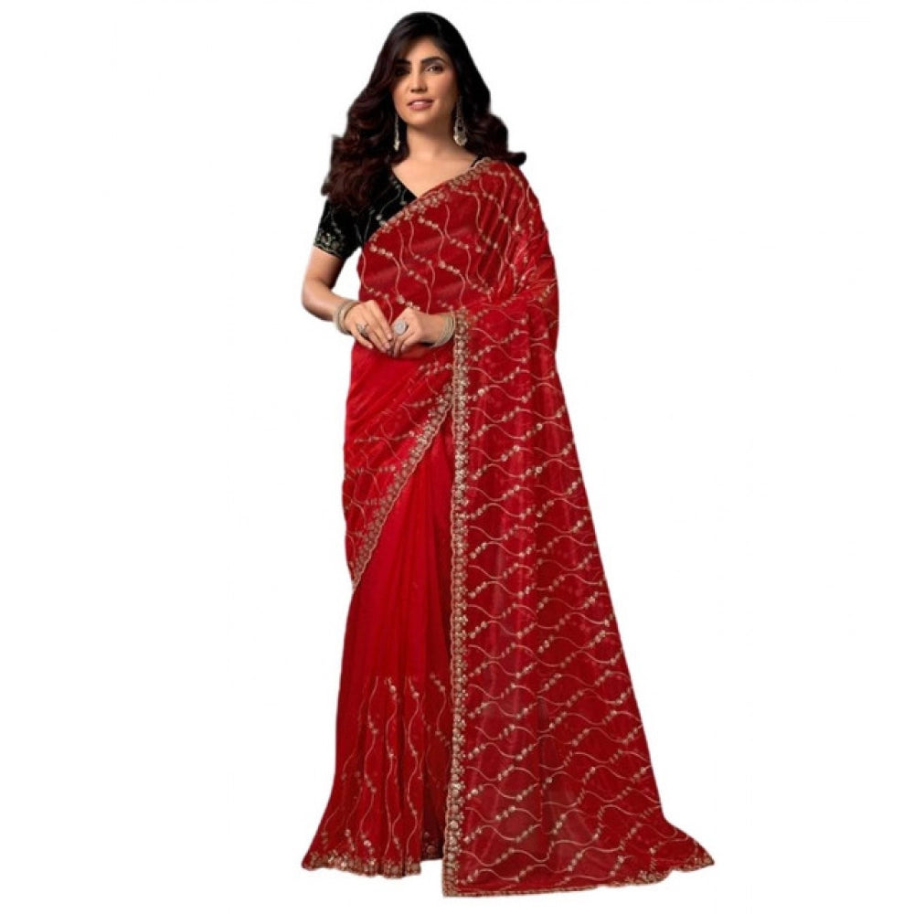 Seduva Women's Net Sequence Saree With Unstitched Blouse 5.5Mtr (Red)