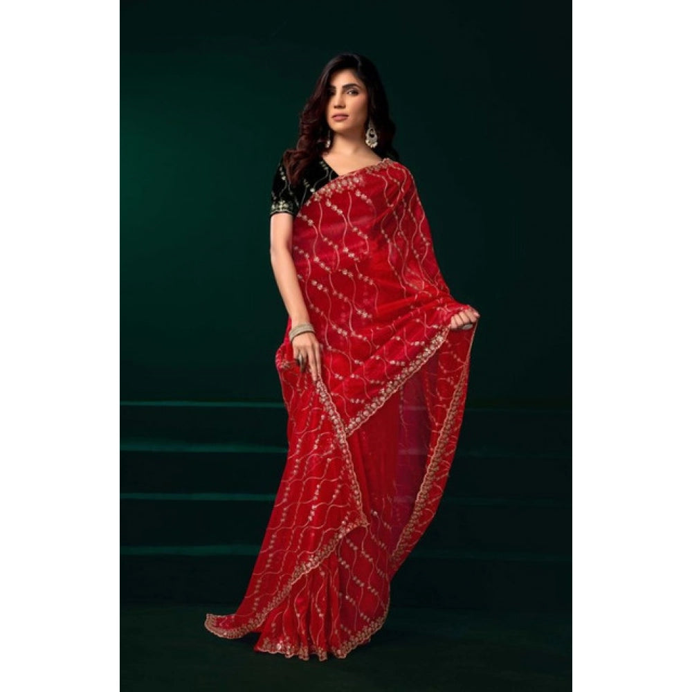 Seduva Women's Net Sequence Saree With Unstitched Blouse 5.5Mtr (Red)