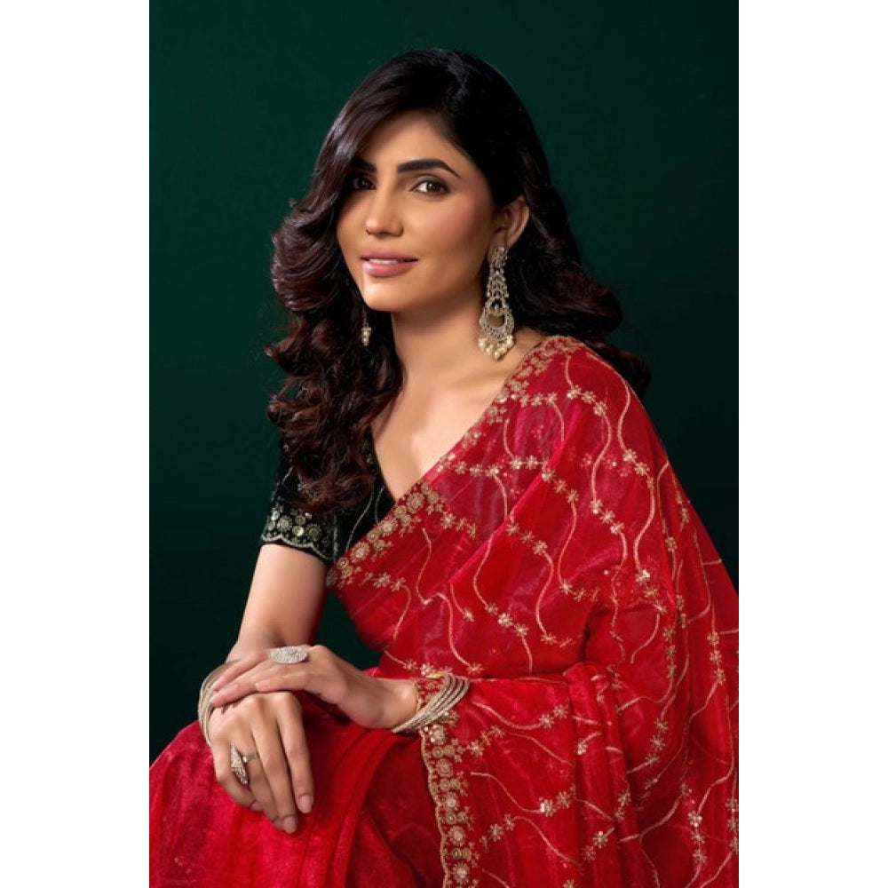 Seduva Women's Net Sequence Saree With Unstitched Blouse 5.5Mtr (Red)