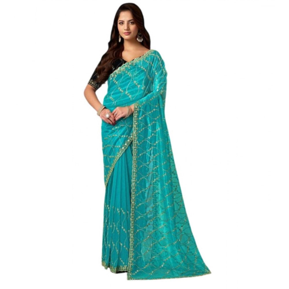 Seduva Women's Net Sequence Saree With Unstitched Blouse 5.5Mtr (Turquoise)