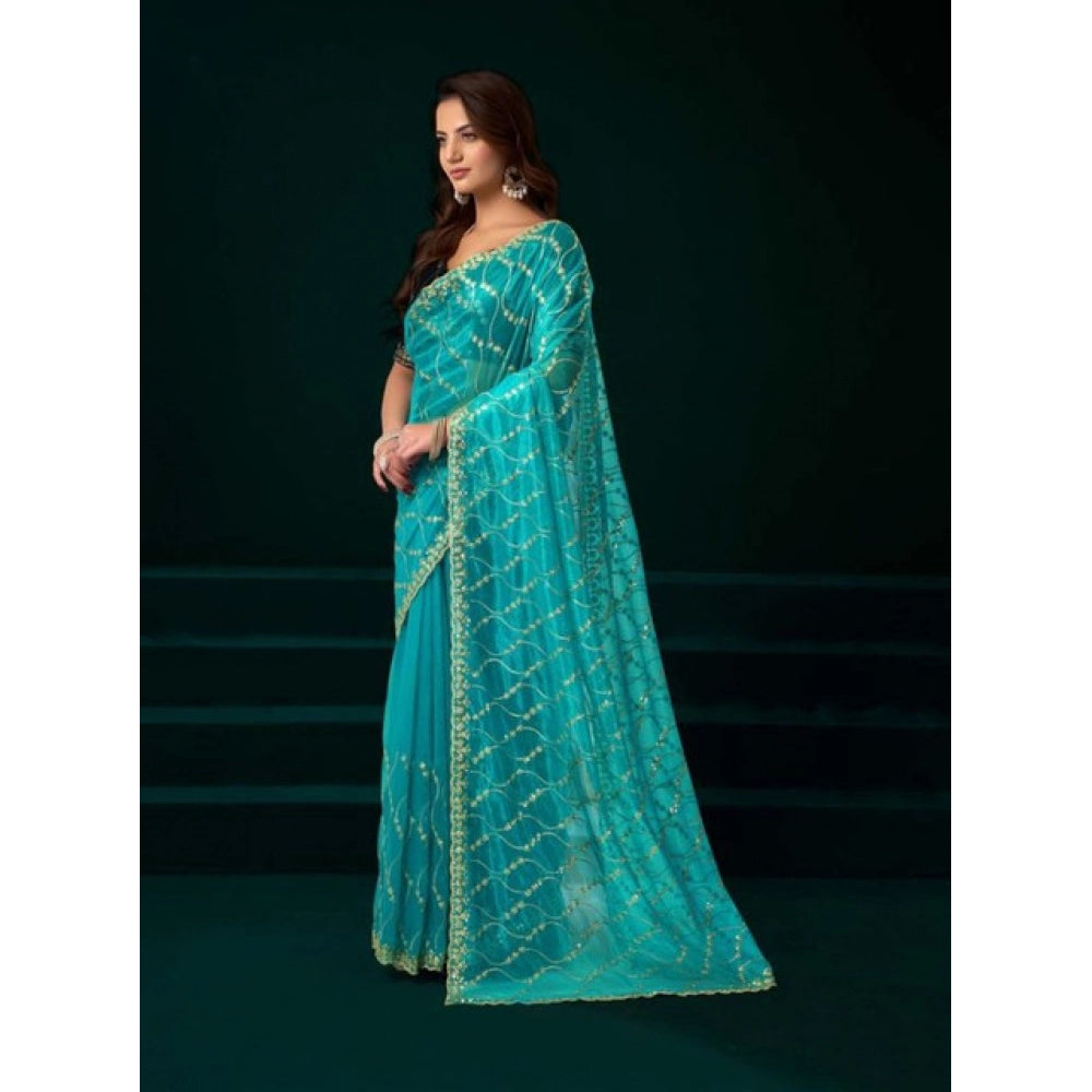 Seduva Women's Net Sequence Saree With Unstitched Blouse 5.5Mtr (Turquoise)