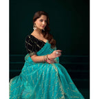 Seduva Women's Net Sequence Saree With Unstitched Blouse 5.5Mtr (Turquoise)