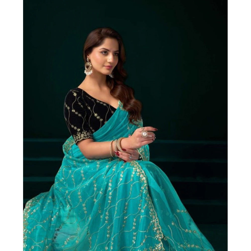 Seduva Women's Net Sequence Saree With Unstitched Blouse 5.5Mtr (Turquoise)