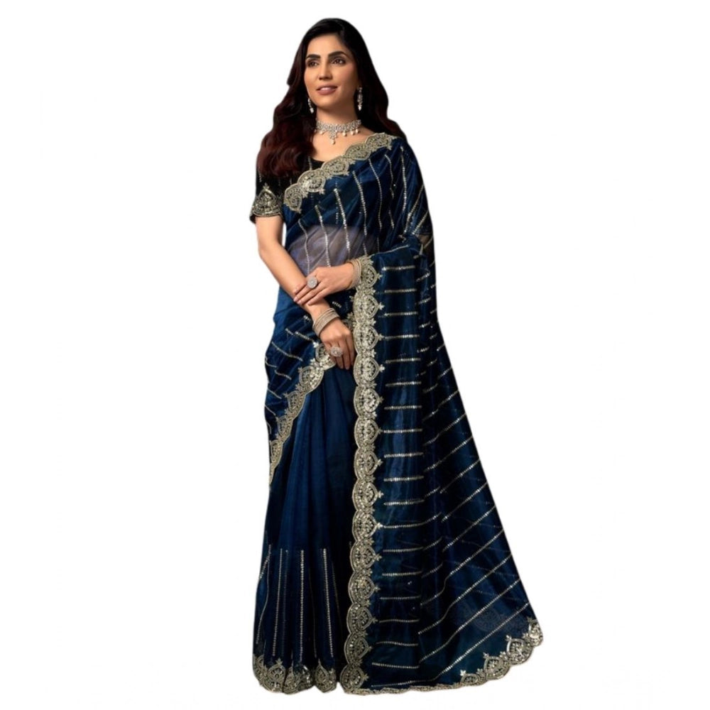Seduva Women's Net Sequence Saree With Unstitched Blouse 5.5Mtr (Blue)