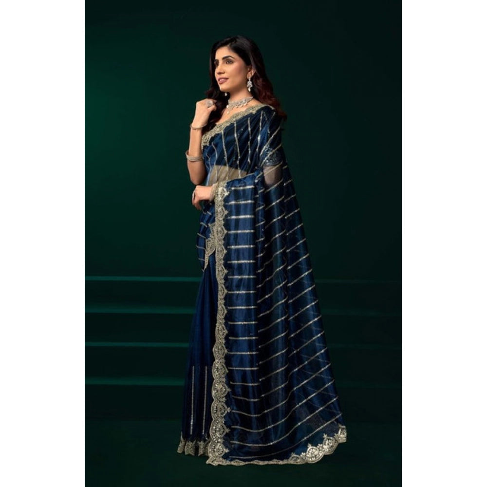 Seduva Women's Net Sequence Saree With Unstitched Blouse 5.5Mtr (Blue)