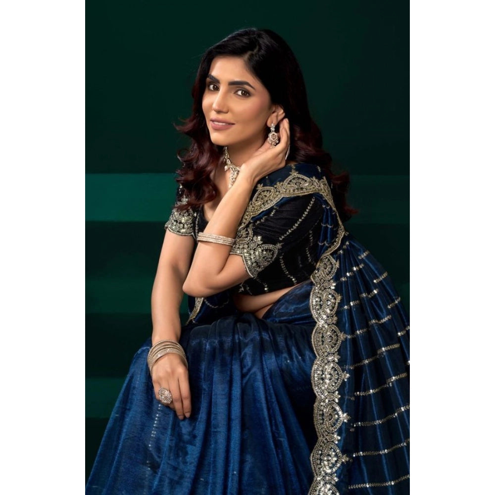 Seduva Women's Net Sequence Saree With Unstitched Blouse 5.5Mtr (Blue)