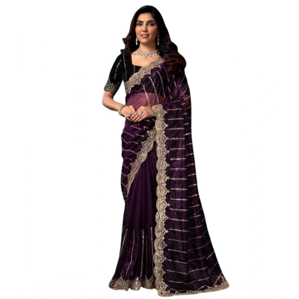 Seduva Women's Net Sequence Saree With Unstitched Blouse 5.5Mtr (Wine)