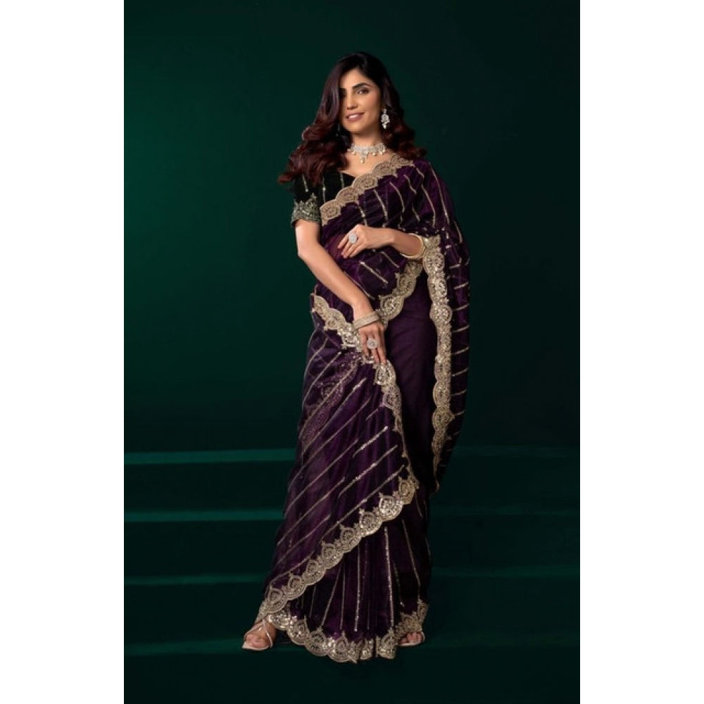 Seduva Women's Net Sequence Saree With Unstitched Blouse 5.5Mtr (Wine)