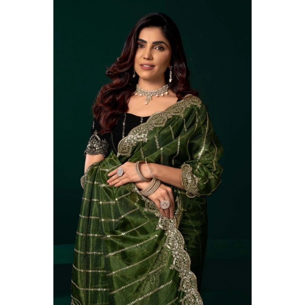 Seduva Women's Net Sequence Saree With Unstitched Blouse 5.5Mtr (Green)