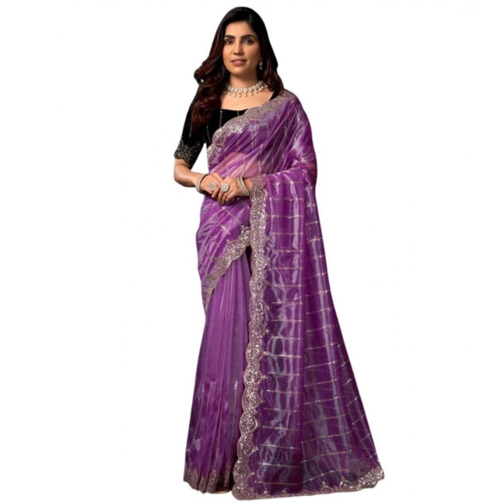 Seduva Women's Net Sequence Saree With Unstitched Blouse 5.5Mtr (Lavender)