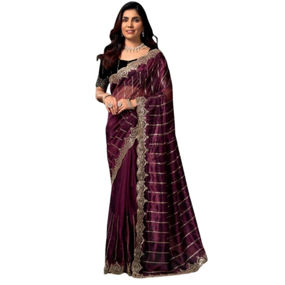 Seduva Women's Net Sequence Saree With Unstitched Blouse 5.5Mtr (Maroon)