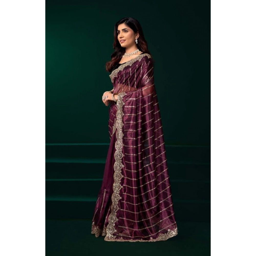 Seduva Women's Net Sequence Saree With Unstitched Blouse 5.5Mtr (Maroon)