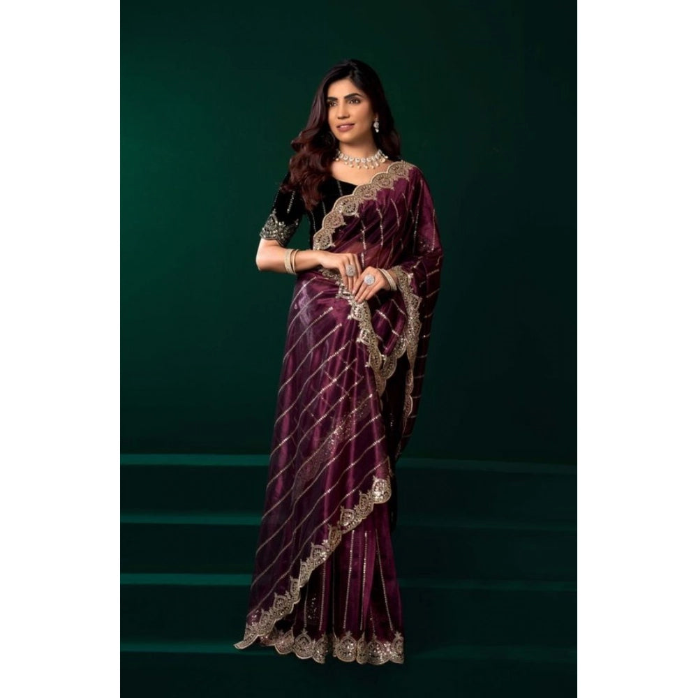Seduva Women's Net Sequence Saree With Unstitched Blouse 5.5Mtr (Maroon)