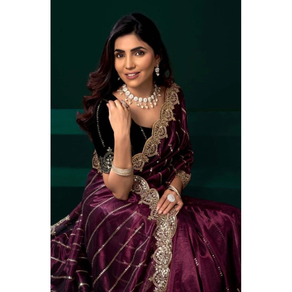 Seduva Women's Net Sequence Saree With Unstitched Blouse 5.5Mtr (Maroon)